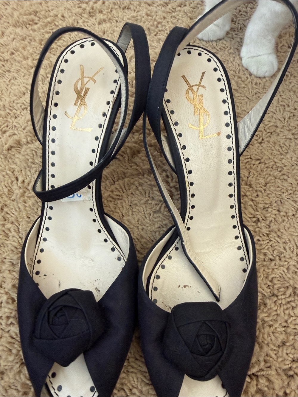 Yves Saint Laurent Black Satin Slingback Heels with Rosette Accent - Picture 3 of 6